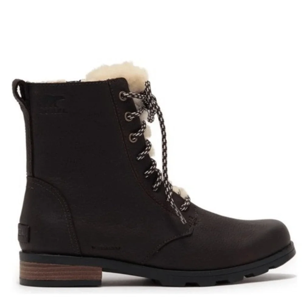 SOREL Emelie Genuine Shearling Lamb Fur Short‎ Lace-Up Boot, Brown, Size 11, NWT
